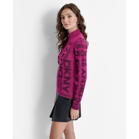 DKNY Womens Quarter Zip Stand Collar Embossed Sweater Vibrant Pink Size L NWT - Picture 3 of 5